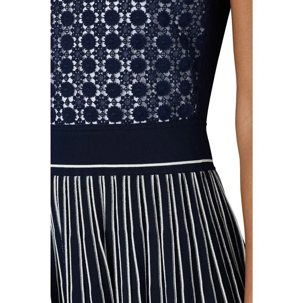 Tory Burch Navy Blue Sleeveless Pleated Knit Crewneck Midi Sweater Dress Size XS